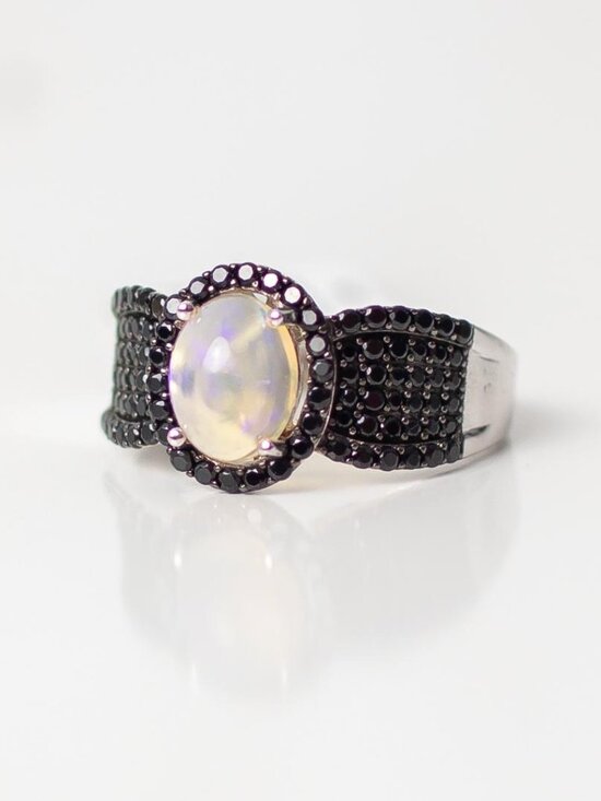 JTV Jewelry - Ethiopian Opal and Black Spinel Sterling Silver 925 Ring JTV Size 12 NEW